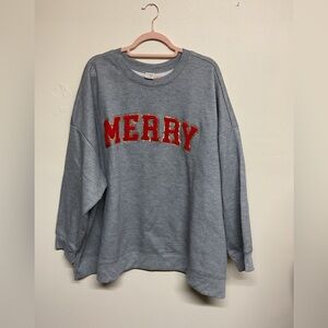 Terra & Sky Gray Sweater with Red 'Merry' Design